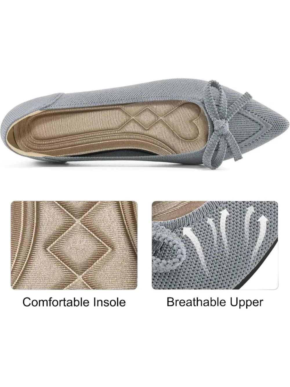 Women's Grey Ballet Flats Shoes Dressy Pointed Toe Bow Knit Flats Comfortable